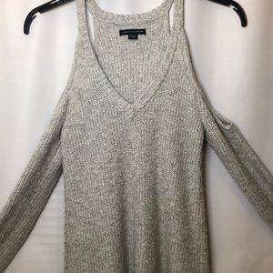 v neck sweater , cold shoulder